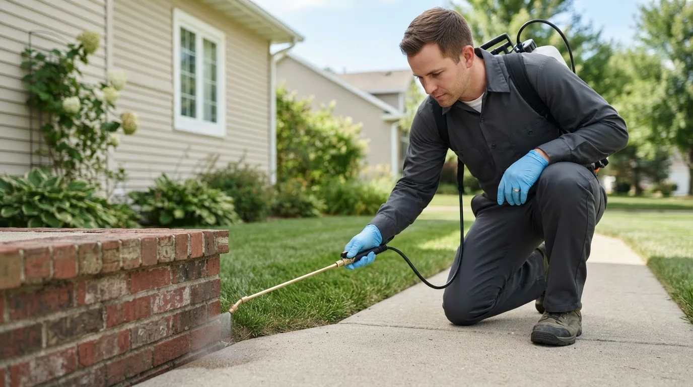 Pest control technician treating a home near Bolingbrook, IL